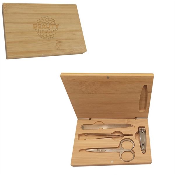 JH85005 4 Piece Manicure Set In Bamboo Case With Custom Imprint